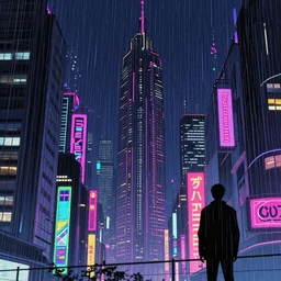 cyber punk, futuristic, neo Tokyo, blade runner city concept art, in the style of Syd Mead, award winning illustration, neon lights, raining