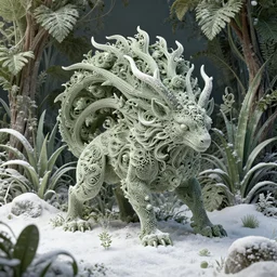 creature in a lush trunda vegetation, snow snow : : by michal karcz, sophie anderson, esao andrews : : ornate, dynamic, particulate, intricate, elegant, highly detailed, centered, artstation, smooth, sharp focus, octane render, 3 d