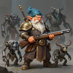 portrait of dwarf artificer holding a musket, with robotic monsters as pets, fantasy art, east asian fantasy, dungeons and dragons, tabletop rpg, ghostblade, wlop.