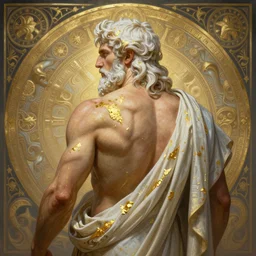 painted back portrait of rugged zeus greek god by greg rutkowski craig mullins artgerm alphonse mucha streaked gold flakes, white hair handsome muscular upper body mature flowing robe [ ancient greek motifs ] background fantasy intricate elegant detailed digital painting concept art artstation sharp focus illustration