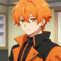 Anime Character close up, Orange Gradient Hair, black and orange coat, orange pupils, backroom background, art by greg rutkowski, thomas kindkade