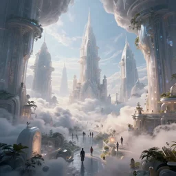inside a magical ethereal cloud city with people walking around, highly detailed, 4k, HDR, award-winning, octane render, trending on artstation, volumetric lighting