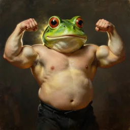 subject:  frogman with frog head  is oversized is muscular is powerlifter is flexing muscles in medium shot backlight portrait, style:  very heavy textured rembrandt oil painting with dramatic light