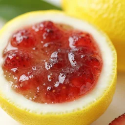 close - up shot of a lemon covered in strawberry jam, macro lens, depth of field, edit with photoshop, vibrant colors, magazine advertisement