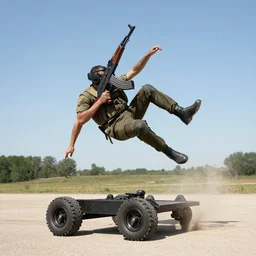Kicking flipping off an AK-47 with wheels
