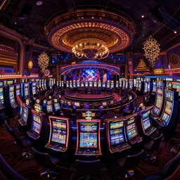 curled perspective digital art of curly indoor casino with a stage plenty of slot machines by anton fadeev from nightmare before christmas