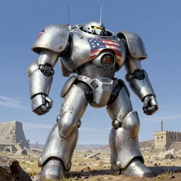 American battle mechs of WWII  in the style of Norman Rockwell, sci-fi illustrations, propaganda poster, highly detailed, intricate, photorealistic, award-winning, patriotic, american, dark, gritty, oil painting