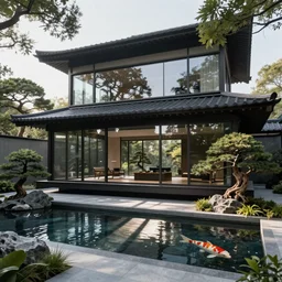 ultra modern traditional Japanese house made of glass minimalistic filled with bonsai trees and a minimalist koi pond