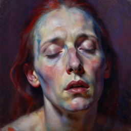 highly detailed and textured painting of a deformed anatomical portrait with closed eyes, emotionally expressive, highly detailed oil painting, soft light 1 6 k, red, blue and purple colour palette, cinematic composition, cinematic lighting, sharp focus, masterpiece by adrian ghenie and jenny saville and alphonse mucha,