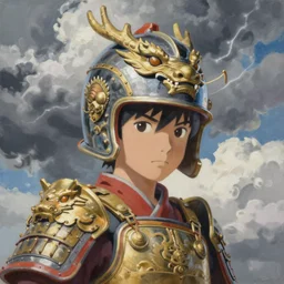 painting of a boy with chinese dragon armor and helmet in the style of cowboy bebop, calm, fantasy character portrait, dynamic pose, above view, sunny day, thunder clouds in the sky, artwork by jeremy lipkin and giuseppe dangelico pino and michael garmash and rob rey and greg manchess and huang guangjian and makoto shinkai, very coherent asymmetrical artwork, sharp edges, perfect face, simple form, 1 0 0 mm