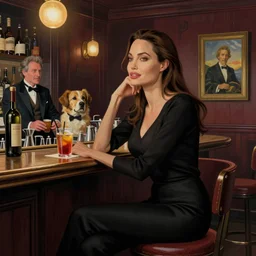 beautiful psychedelic digital art of Angelina Jolie in a cozy bar by Sandra Chevrier, Mad Dog Jones, Norman Rockwell and Ben Erdt