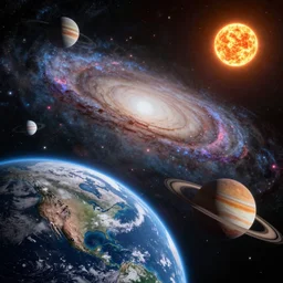 cosmic universe, milky way galaxy, earth and moon in foreground, mars, saturn, jupiter, sun, with exploding planets, high detail, realistic, unreal engine