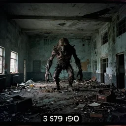 1 9 9 0 s security cam found footage of an abandoned soviet town with a humanoid monster, liminal space, backrooms, scp, film grain, rundown, eerie, dark lighting, 3 5 mm, realistic, photograph
