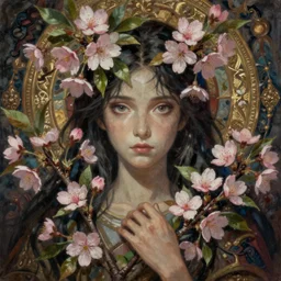 breathtaking detailed concept art painting of the goddess of cherry blossom flowers, orthodox saint, with anxious, piercing eyes, ornate background, amalgamation of leaves and flowers, by Hsiao-Ron Cheng, James jean, Miho Hirano, Hayao Miyazaki, extremely moody lighting, 8K