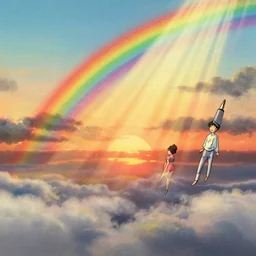 spirits flying over the sunset by hayao miyazaki, by katsushika hokusai, by takashi murakami, illustration, fountain pen, digital art, vintage, field of view, warm color palette, rainbow, spectral color, rays of shimmering light, volumetric light, cotton, clouds, mist