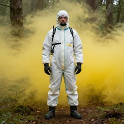 a detailed portrait full-body of man wearing hazmat suit, in forest,  yellow volumetric fog,  by Tomasz Alen Kopera and Peter Mohrbacher, 8k