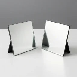 two square mirrors are at angle to each other refracting each other recursively on a white table, octane render 8 k