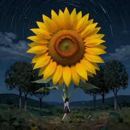 giant sunflower as a head, girl walking between trees, hills, surreal photography, dark night, star trails, dramatic light, impressionist painting, clouds, digital painting, artstation, simon stalenhag