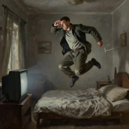 dark oil realistic painting a middle age soviet man in a communist apartment jumping in attention from bed toward a television