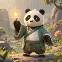 an anthropomorphic panda mage wearing flowing robes, casting a spell, landscape in background, cute, dnd character art portrait, pixar style, by jason felix by steve argyle by tyler jacobson by peter mohrbacher, cinematic lighting