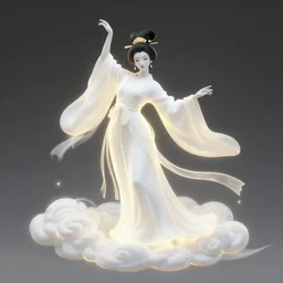glowing cloud, beautiful gracefull japanese taoist fairy goddess. hyper detailed, character concept, full body, dynamic pose, intricate, lineart, cerpuscular rays, lily flowers. by yoshitaka amano, alfons mucha and makoto shinkai. 8 k