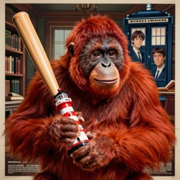 rendering of red orangutan dressed as doctor who holding lighthouse toy as baseball bat, library interior background, travel poster artwork by michael whelan and tomer hanuka, high contrast, full of details, by makoto shinkai and thomas kinkade, matte painting, trending on artstation and unreal engine
