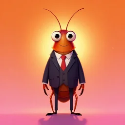 colorful full body shot of a thin anthropomorphic cockroach with big eyes wearing a suit, with long thin antennae, trending on artstation, trending on deviantart ,backlighting, 8k, hyper detail illustration, symmetrical, correct proportions, illustration by tim schafer, vibrant colors, by pixar, orange lights, pink shadows