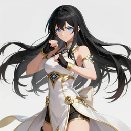 beautiful anime portrait of a female fighter!! long black hair! blue eyes! fighting stance!!!! intricate outfit gold and white outfit! elegant, artbook, illustration, fine details by stanley artgerm lau, wlop, rossdraws, james jean, andrei riabovitchev, marc simonetti, and sakimichan, trending on artstation