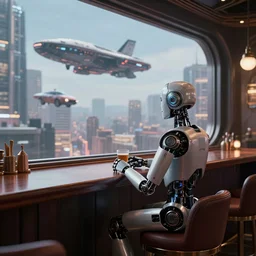 lonely barmen human - like robot sitting in the futuristic bar and looking in the huge window where he see enoughromous city on the spaceship and flying cars, 8 k, hyperrealistic, unreal engine