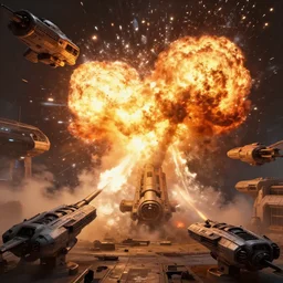 scenary, spaceships, sci - fi, war, matte painting, artillery explosions, heavy fire, bullets, mack sztaba