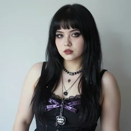 a slightly chubby cuban goth girl with long bangs, punk, mall goth, aesthetic