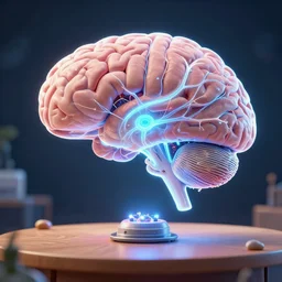 illustration map of neural network of human brain with artificial neural implant floating over table, unreal engine