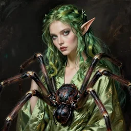 a beautiful elven woman with green hair and silk, with a spider body and legs, by hr giger and luis royo