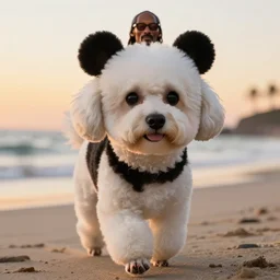 a closeup photorealistic photograph of Snoop Dogg walking a panda themed bichon frise at the beach during sunset This 4K HD image is Trending on Artstation, featured on Behance, well-rendered, extra crisp, features intricate detail and the style of Unreal Engine.
