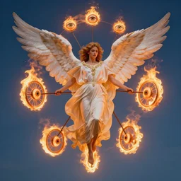 biblically accurate angel, spinning wheels of fire with 6 wings and eyes everywhere