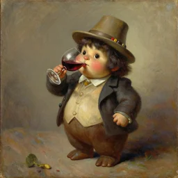 an old oil painting of cheburashka drinking wine, trending on artstation