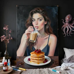 sensual, a portrait in a female art student's bedroom, black walls, a woman drinking iced latte, pancakes, honey dripping, berries dripping, chocolate, surgical supplies, ikebana, octopus, neo - expressionism, surrealism, acrylic and spray paint and oilstick on canvas