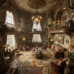 steampunk apartment interior overview mapa design, Moebius, Greg Rutkowski, Zabrocki, Karlkka, Jayison Devadas, Phuoc Quan, trending on Artstation, 8K, ultra wide angle, pincushion lens effect.