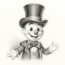 a 2 d pencil sketch of a smiling marionette puppet wearing a top hat, highly detailed