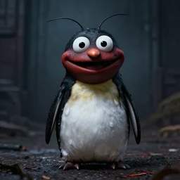 muppet horrifying grimdark gritty evil cute funny photorealistic 8 k sharp moody cockroach penguin