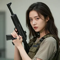 photograph of a real-life beautiful woman holding an uzi.  Extremely detailed. 8k