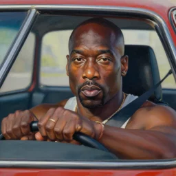 beautiful lifelike painting of big daddy kane driving a yugo, hyperreal detailed facial features and uv lighting, art by ed roth and basil wolverton