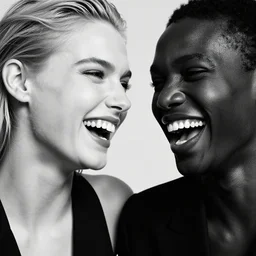 close up of a white and black fashion models laughing, official harper's bazaar editorial, highly detailed