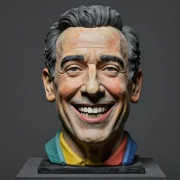 beautiful studio photograph of colorful postmodern portrait sculpture of jerry seinfeld toothy smile, beautiful symmetrical face accurate face detailed face realistic proportions, made of charcoal - stained polymer clay on a pedestal by ron mueck and matthew barney and greg rutkowski, hysterical realism intense cinematic lighting shocking detail 8 k