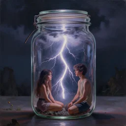 a lightning storm trapped inside a jar. beautiful detailed dramatic painting by artgerm and magali villanueve and michael whelan