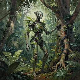 a mutant cyborg in a tropical forest, connected to a tree by plant roots and electric cables, detailed, afro futurism painting
