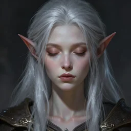 portrait of a young female orc with silver hair and light skin closed eyes fantasy artwork epic detailed and intricate digital painting trending on artstation by wlop octane render