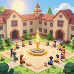 Strixhaven school for gifted magical beings, D&D fantasy, magical school, spells practice, bright day light sun, school courtyard, concept art, low poly video game environment, playstation 1
