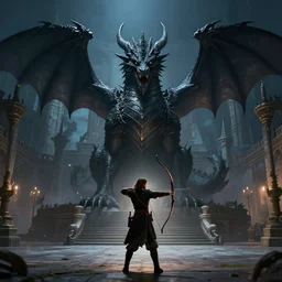 digital illustration of an archer in front of a huge black dragon on a medieval palace courtyard at night, high quality, concept art, epic, dnd, fantasy art, artstation, dramatic lighting, symmetrical