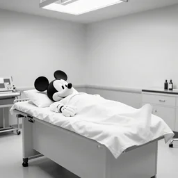 photo of mickey mouse ’ s autopsy, black and white, wide angle
